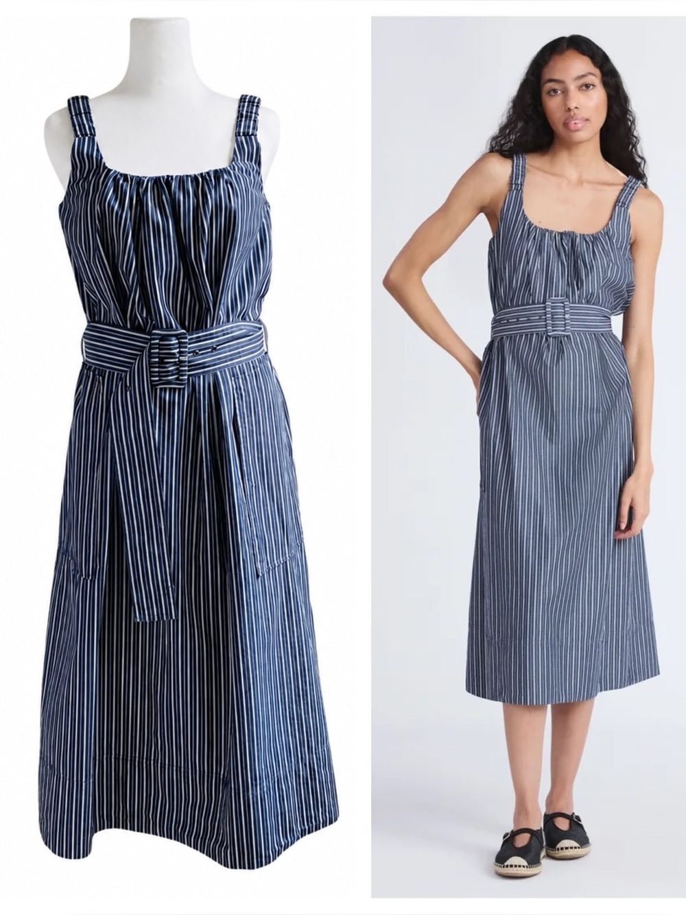 Free Assembly | Belted Cotton Utility Midi Dress Pockets Navy White Striped | XS